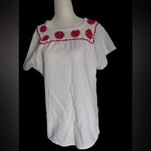 NWOT White Cotton Blouse with Pink Embroidered Flowers Size S-M